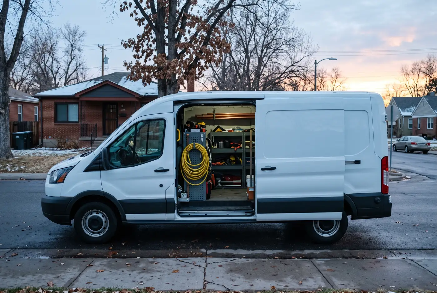 Swift & Sons van with its door sliding open at dawn on a Denver street