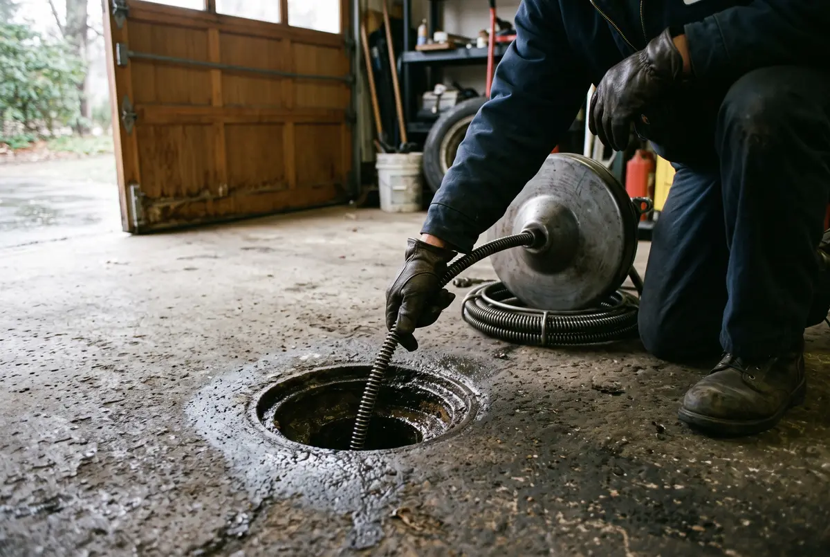 Drain auger cable feeding into a garage floor drain