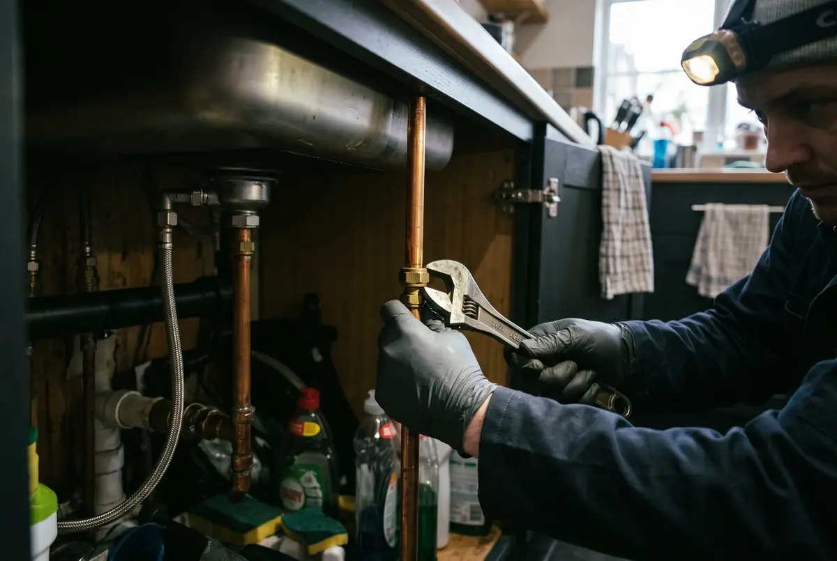 Gloved hands tightening a copper fitting under a sink by headlamp