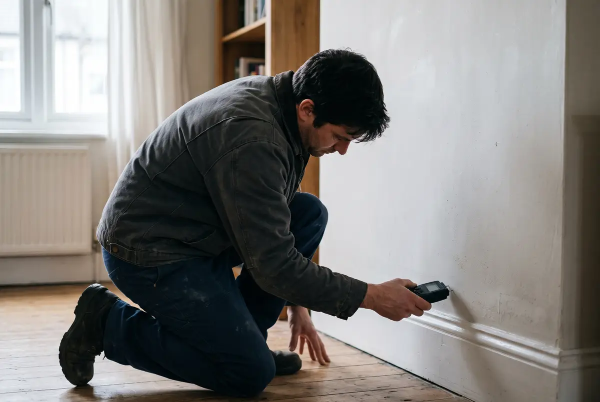 Plumber checking a wall base with a moisture meter