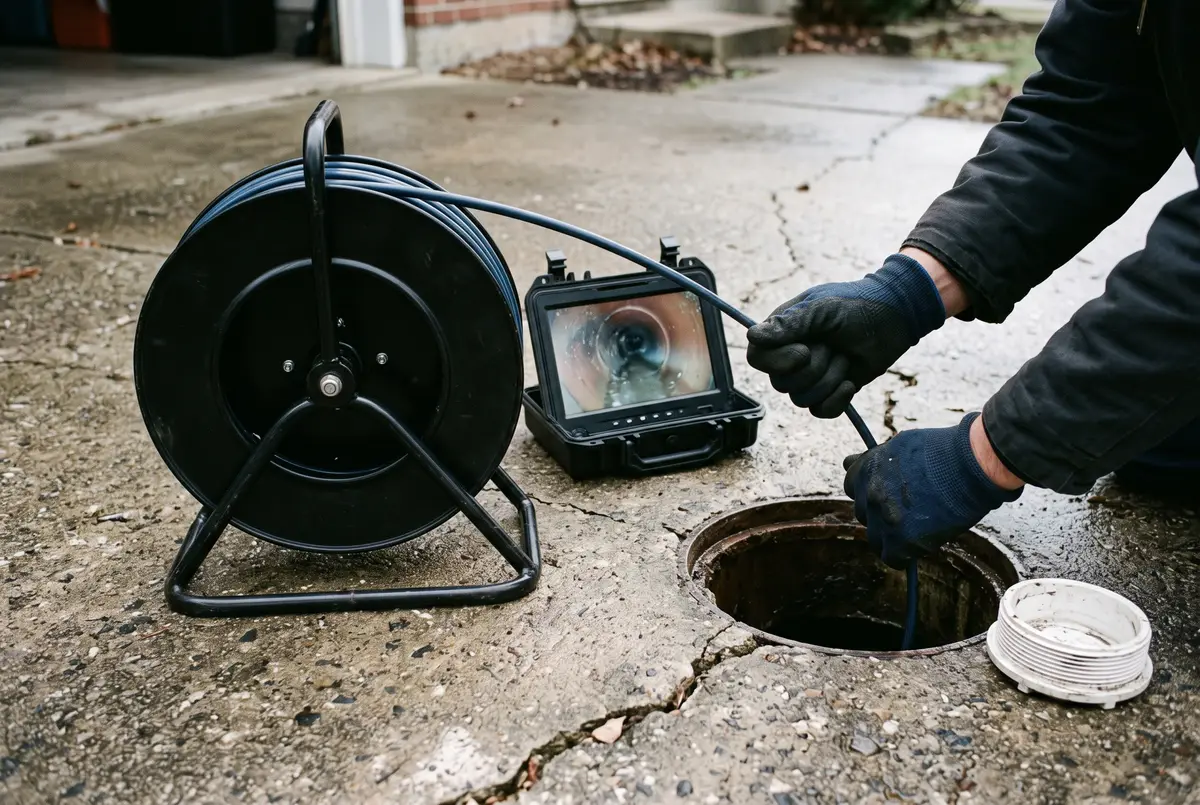 Sewer camera reel at an open cleanout in a driveway