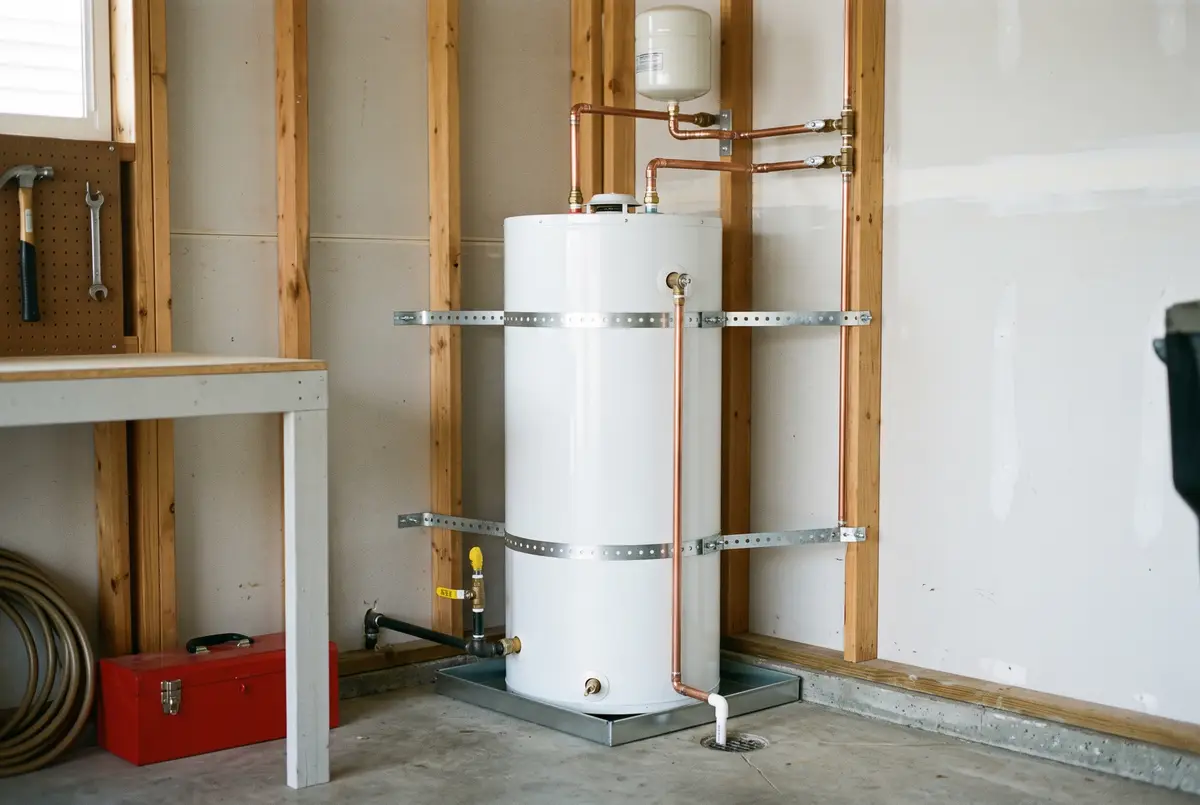 New tank water heater strapped in place with clean copper lines