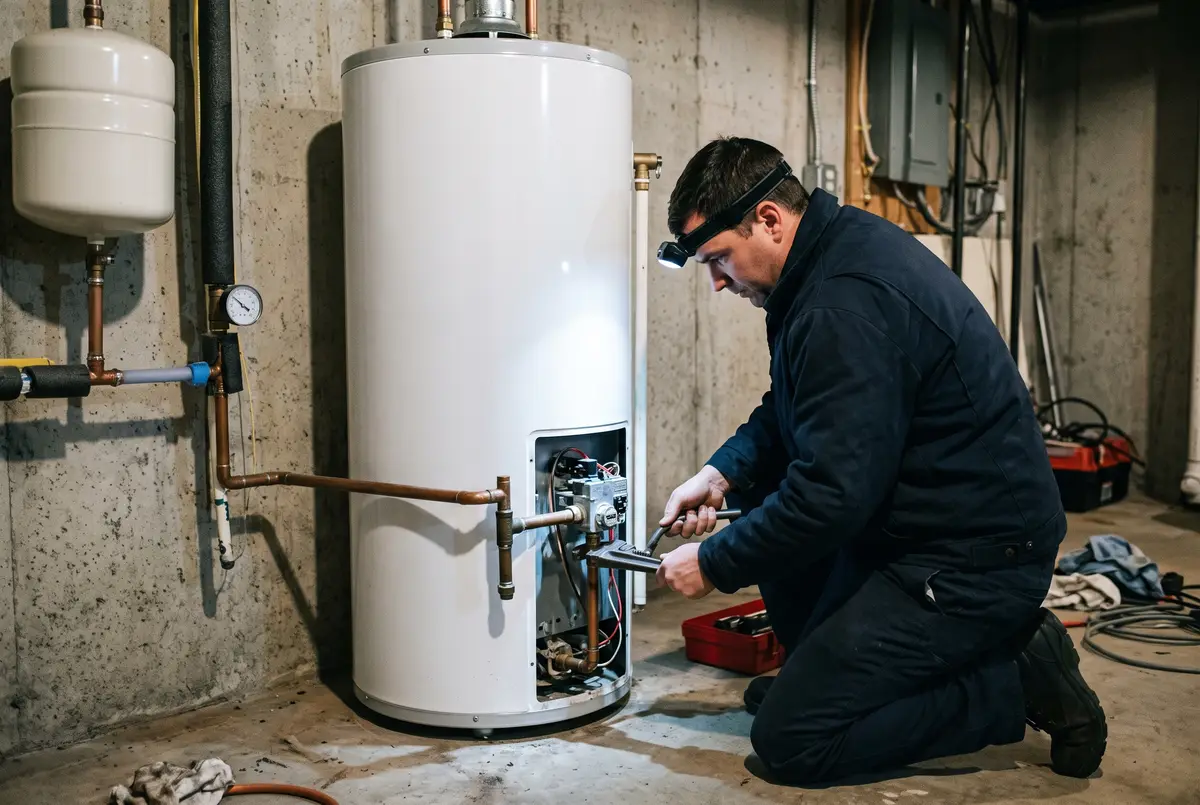Plumber kneeling at a water heater with a headlamp