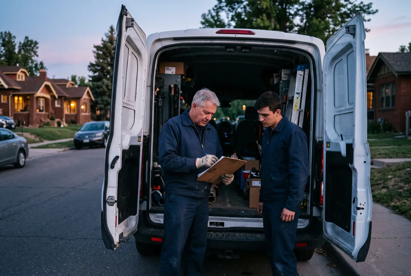 Two generations of Swift & Sons plumbers reviewing a job sheet at their van