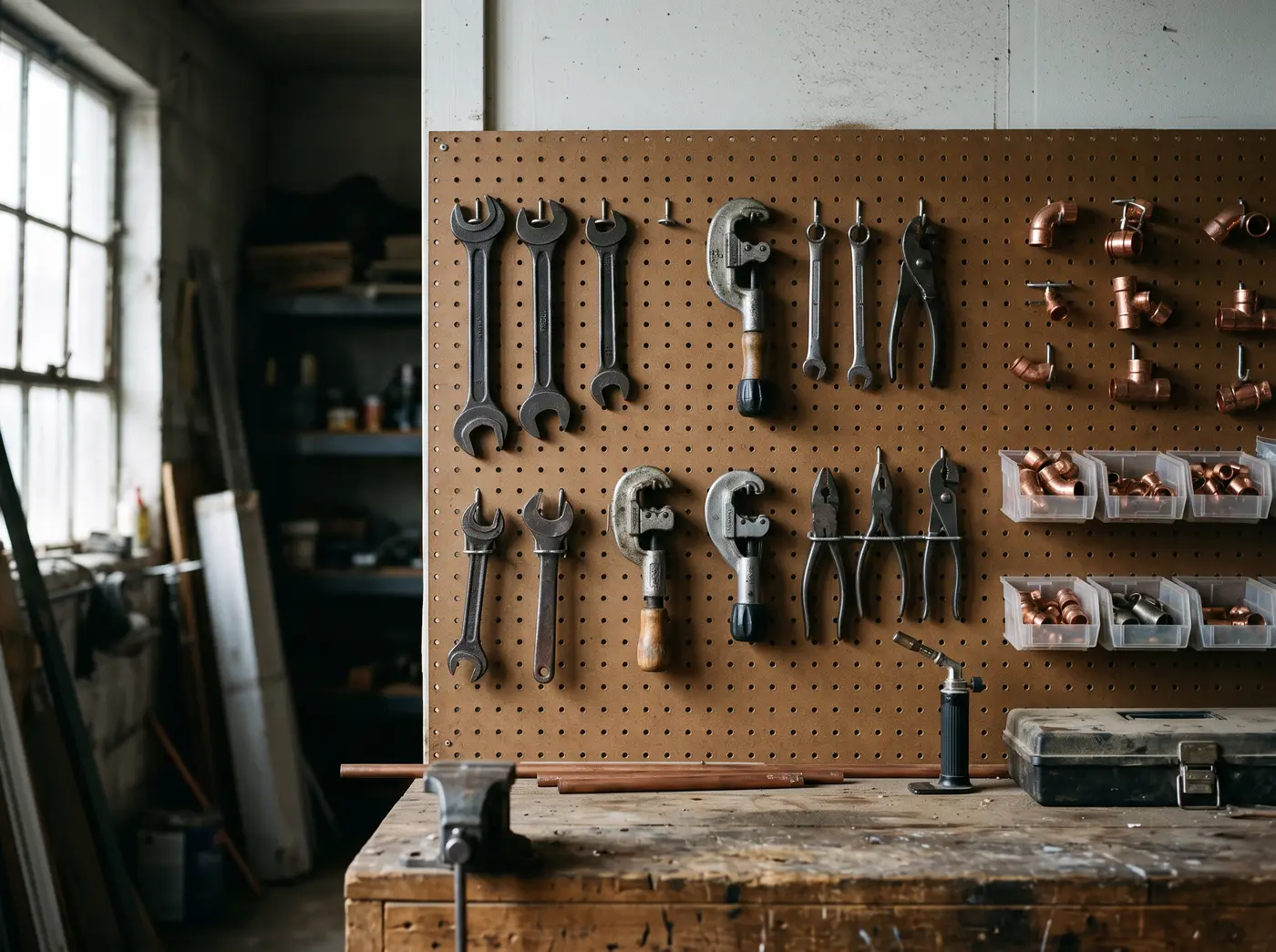 The Swift & Sons shop wall: wrenches and copper fittings over a worn workbench